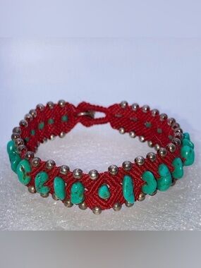 Vtg Navajo Turquoise Sterling Beads & Clasp Braided Woven Cord Bracelet 7” x .6”